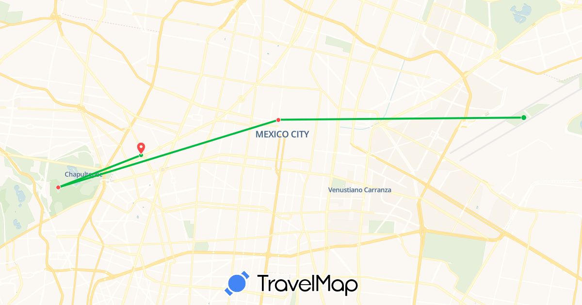 TravelMap itinerary: driving, bus, hiking in Mexico (North America)